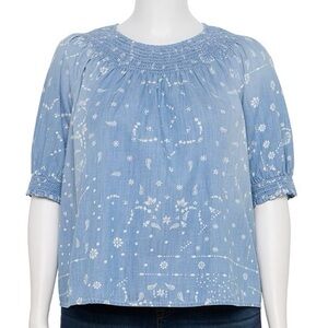 Sonoma Blouse Chambray Smocked Scoop Neck Raglan Elastic Sleeve 3X